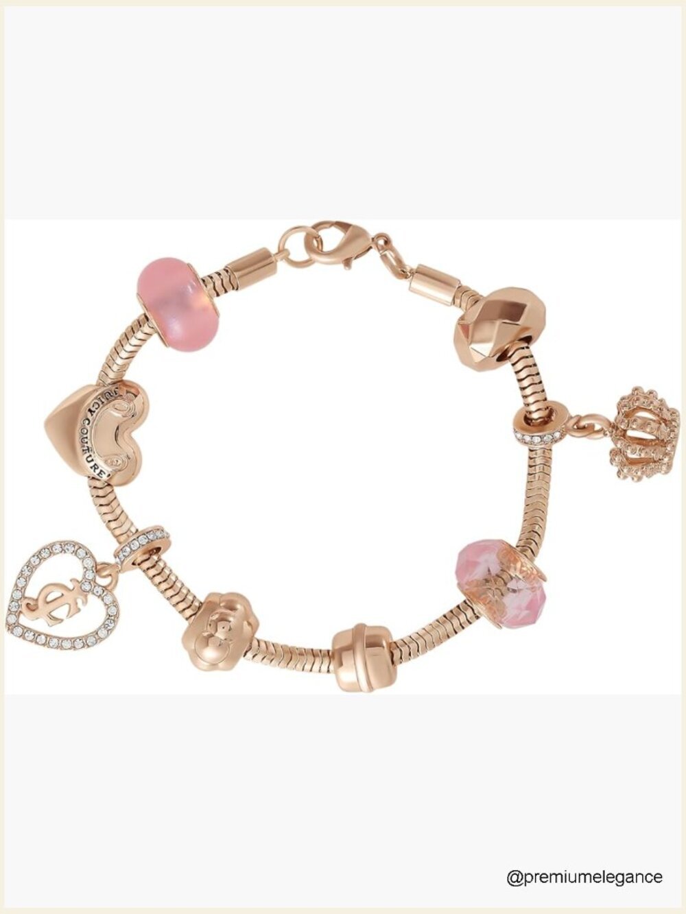 Charm Bracelet with Gold-Tone Charms and Pink Beads, 7.5 Inches, Lobster Clasp